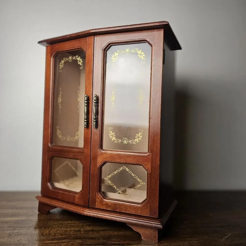 Large Vintage Wooden Jewelry Armoire with Gold-Etched Plexiglass Doors